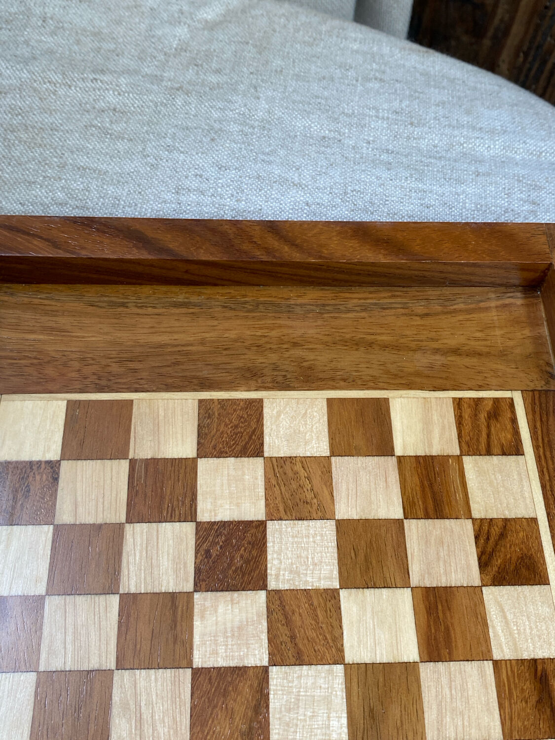 Wooden travel chess set, marquetry board