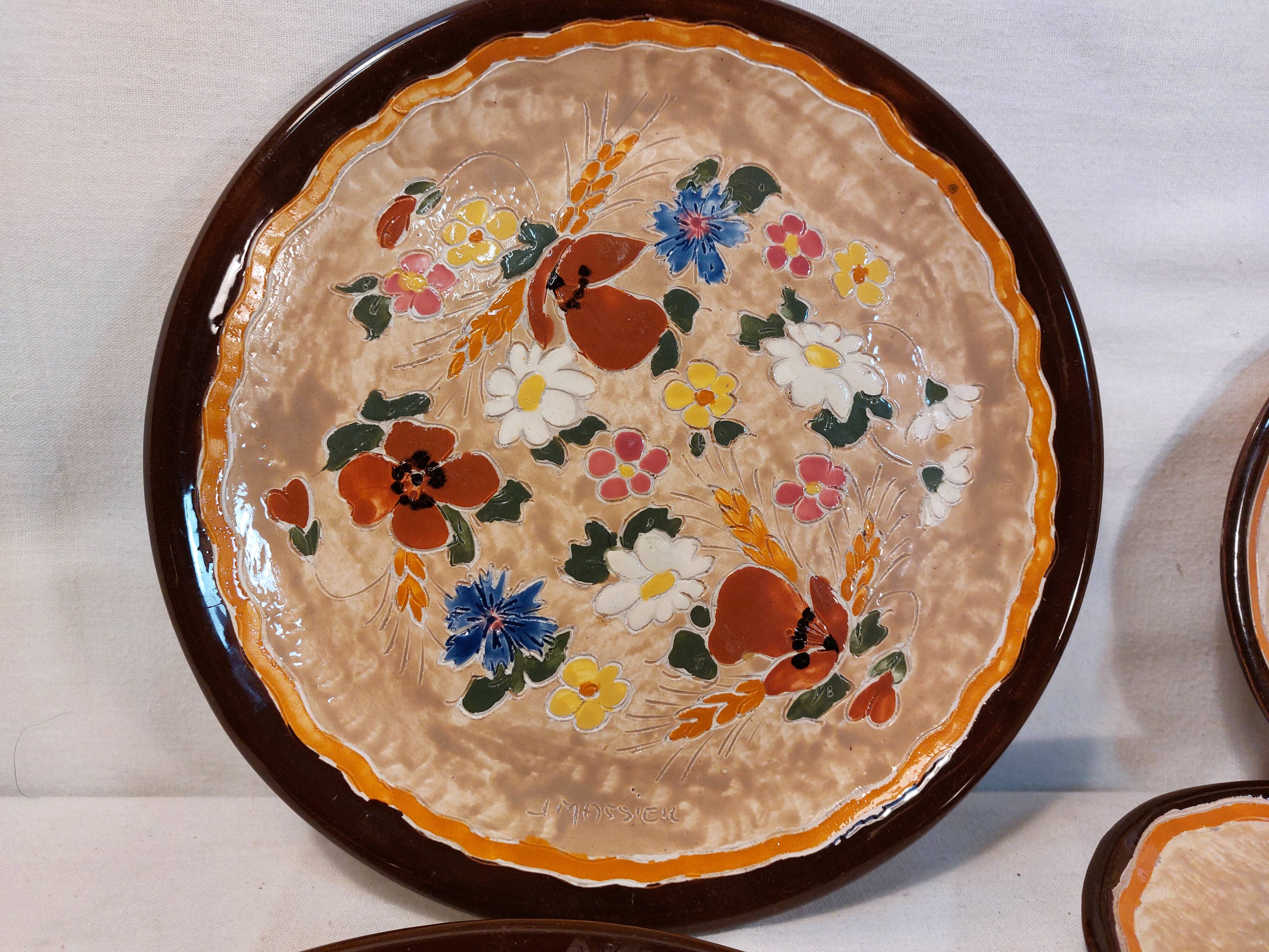 Set of 5 dessert plates and 2 vallauris plates, signed jérôme massier - circa 50/60