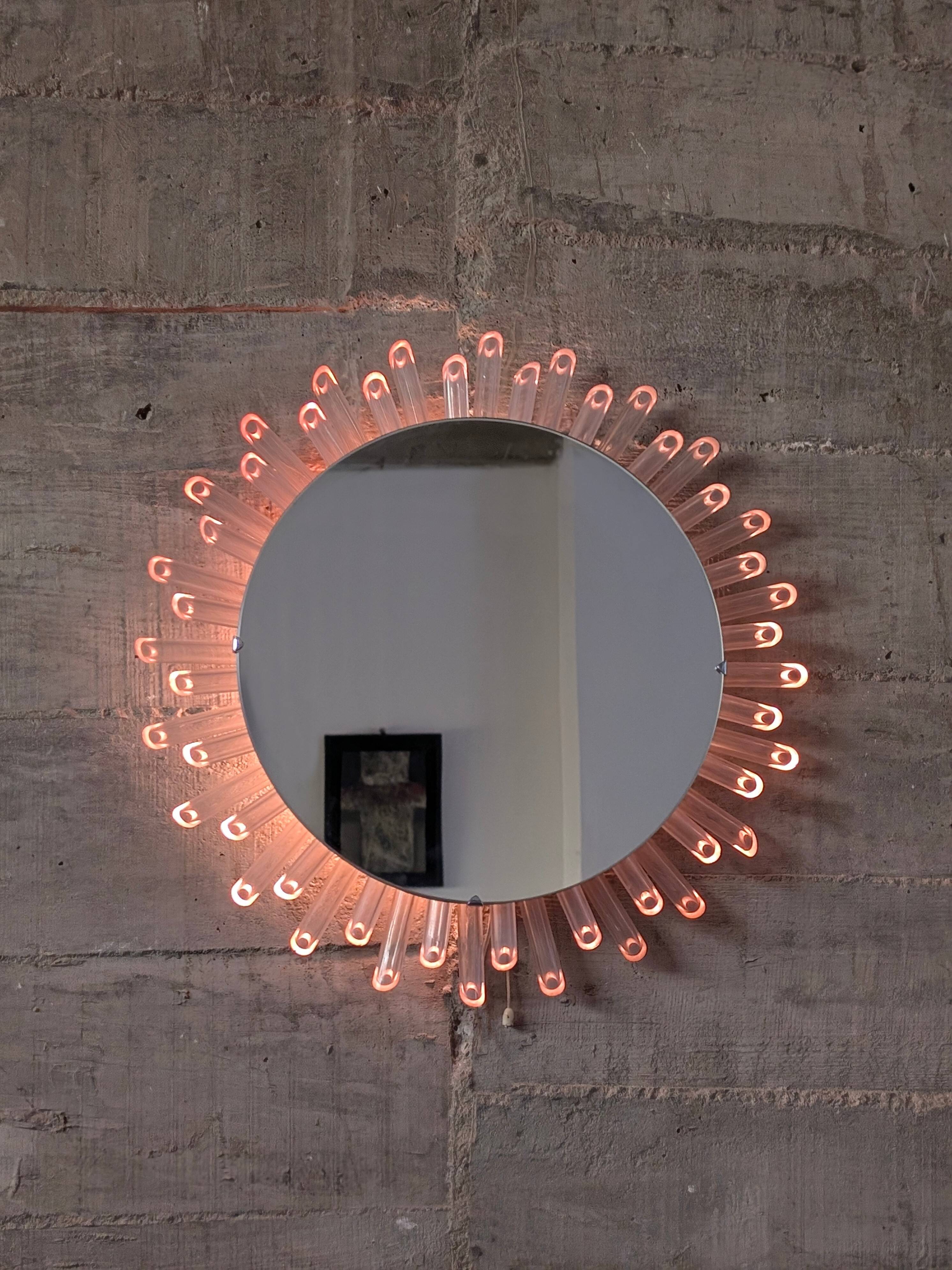 Mid-Century Modern Sunburst Mirror Wall Lamp in Lucite with Pink Glow, 1970