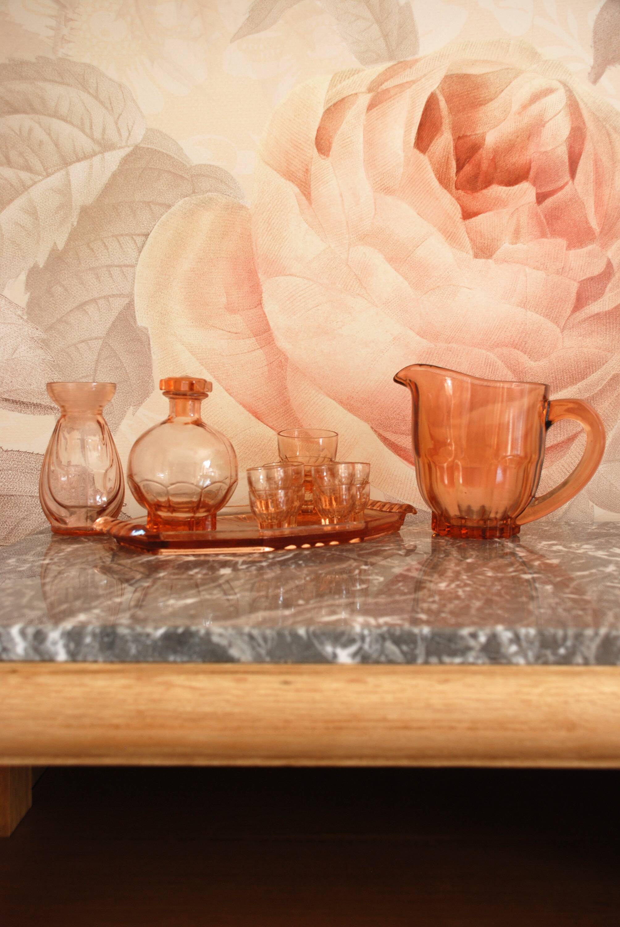 Pink glass liqueur set and accessories from the 1950s