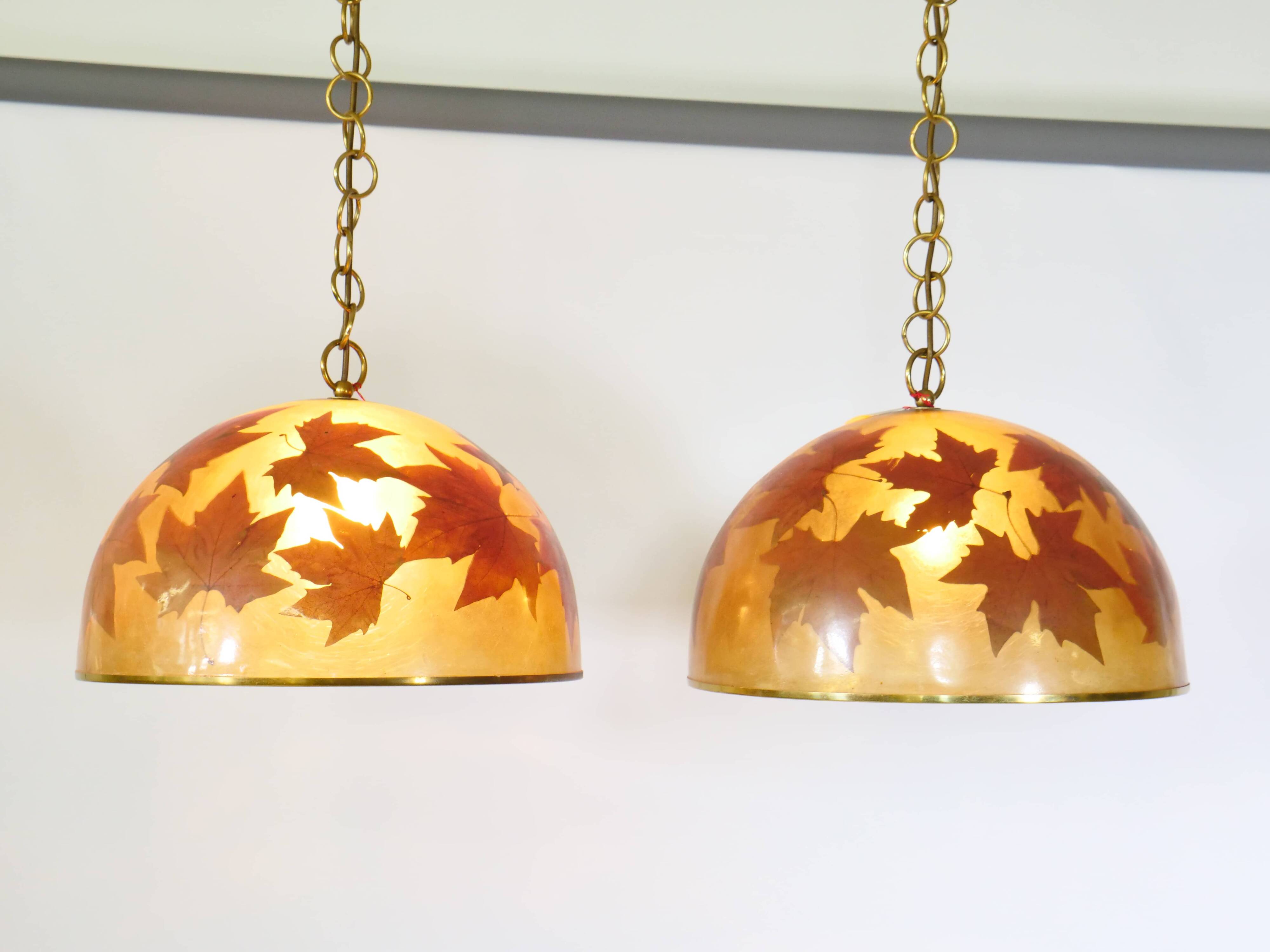 Italian design hanging lamps resin and leaves, 1970s 1980s