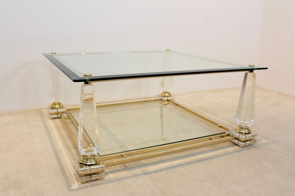 Extraordinary Lucite, Brass and Glass Obelisk Coffee table, 1970s