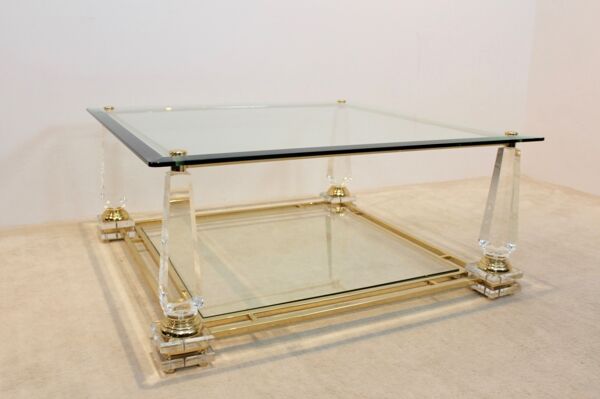 Table basse lucite laiton et verre obélisque années 1970