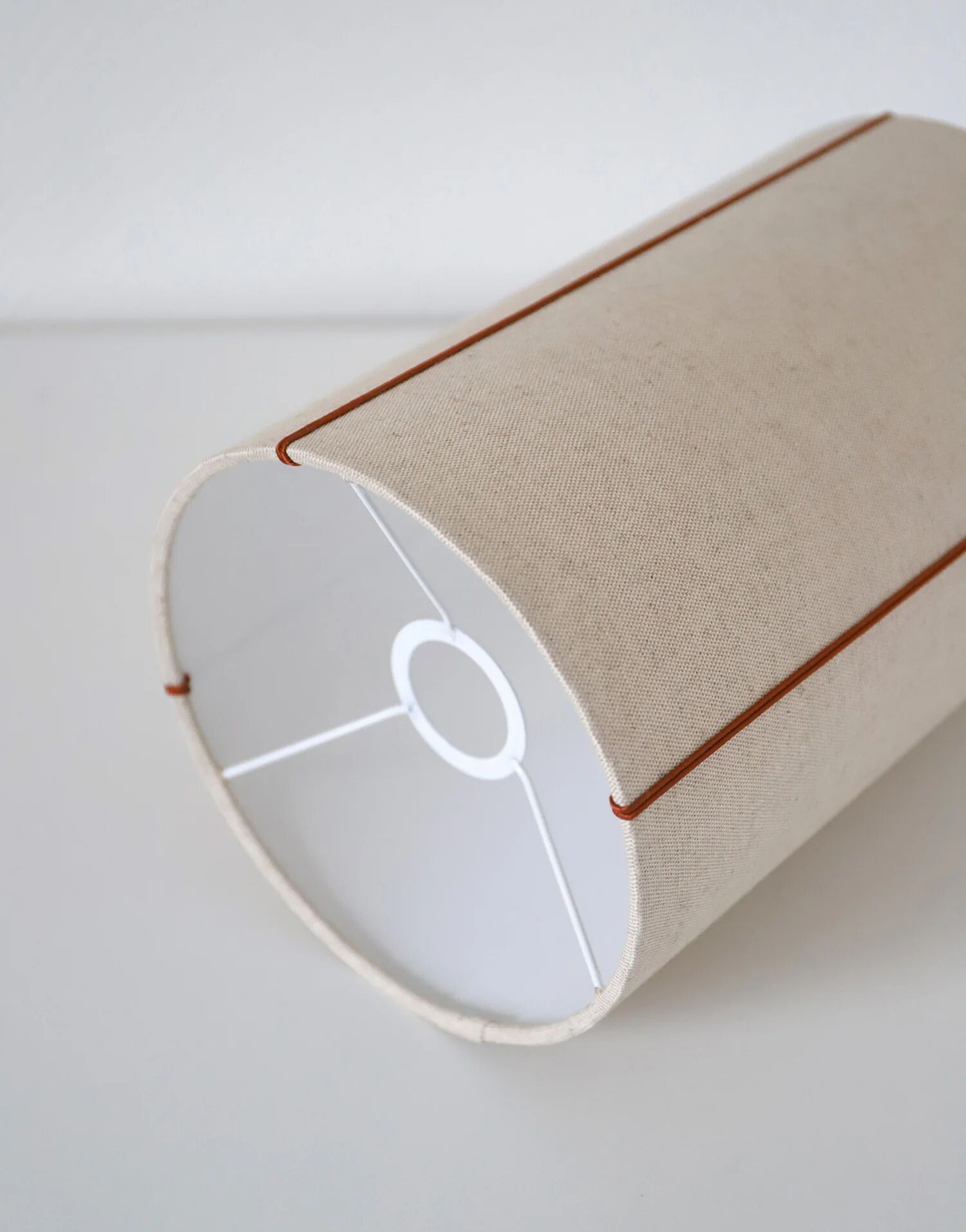 Recycled vintage lamp — honey ceramic base, natural linen shade