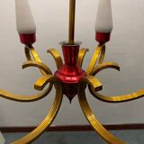 Lustre vintage en verre opalin et laiton 1950