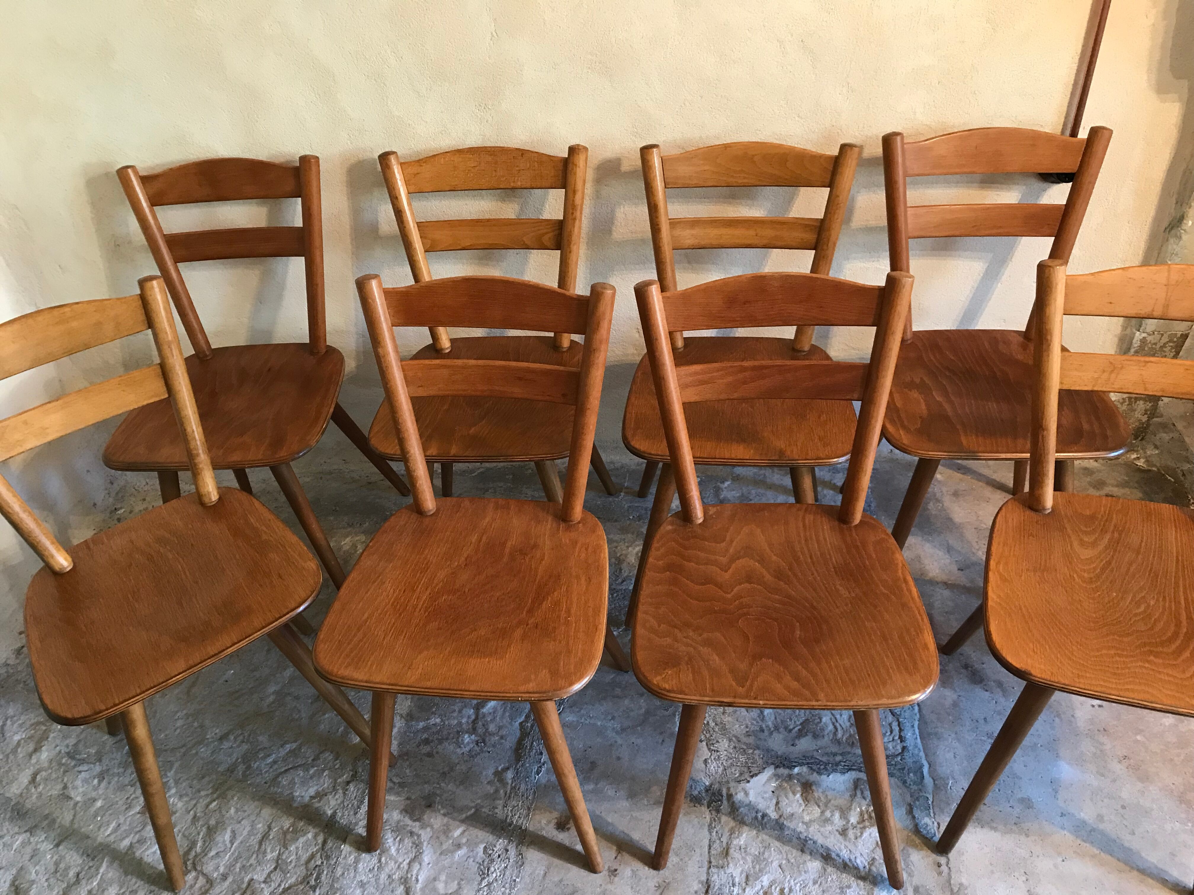 Set of 8 vintage beech chairs compass feet 1960's
