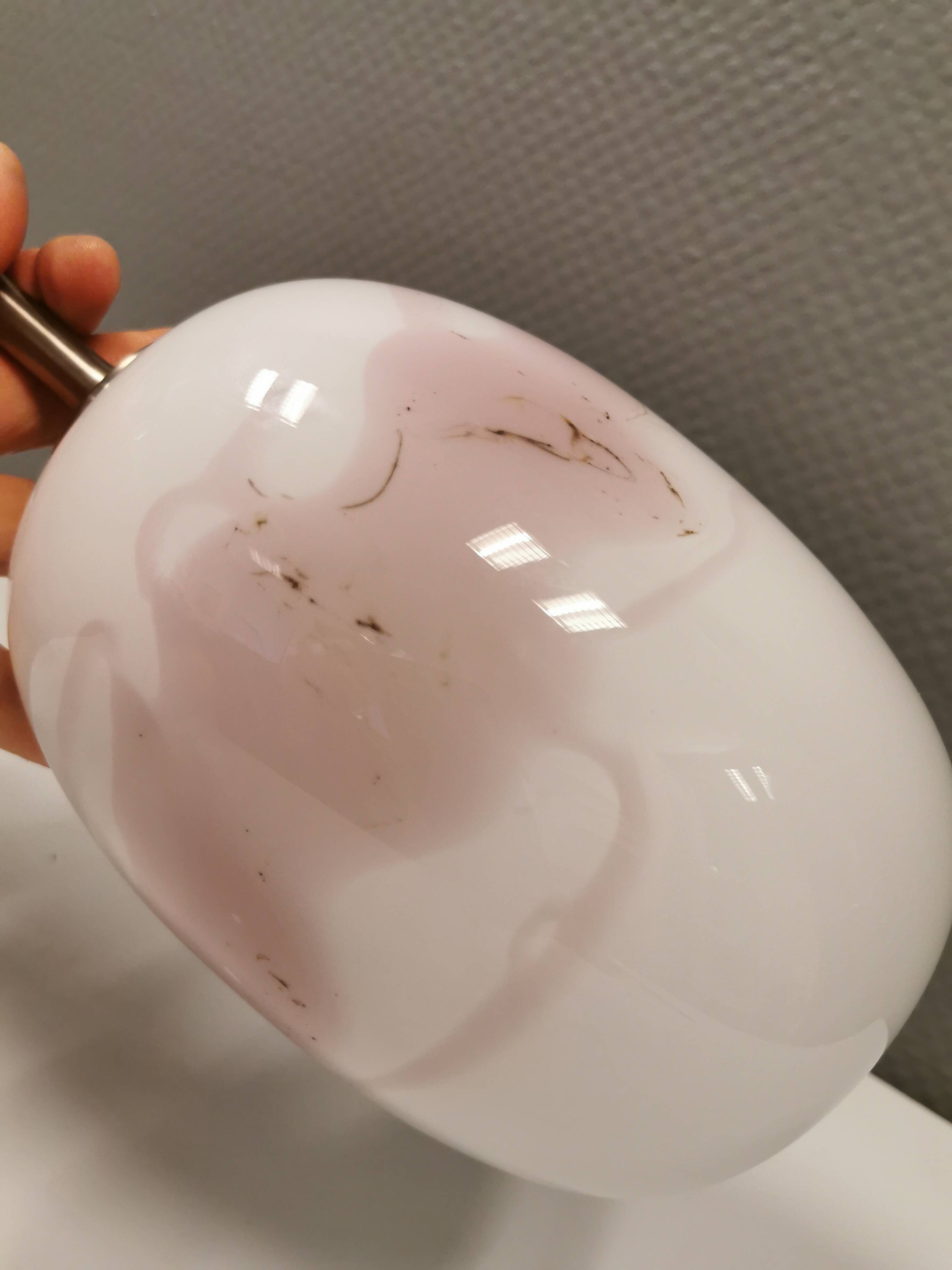 Table lamp in white and rose coloured glass designed by Michael Bang and manufactured by Holmegaard.