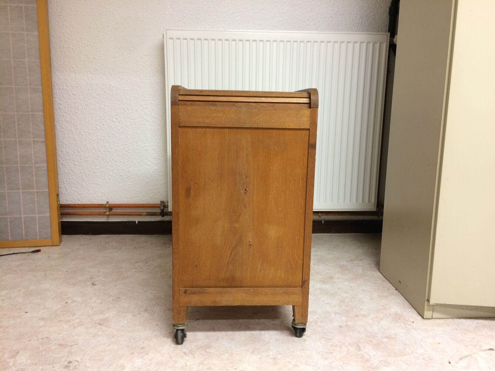 Old curtain oak wheeled box 1950