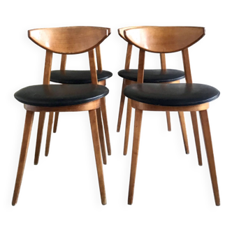 Série de 4 chaises Baumann modèle Fontania - assises en similicuir noir - design 1960