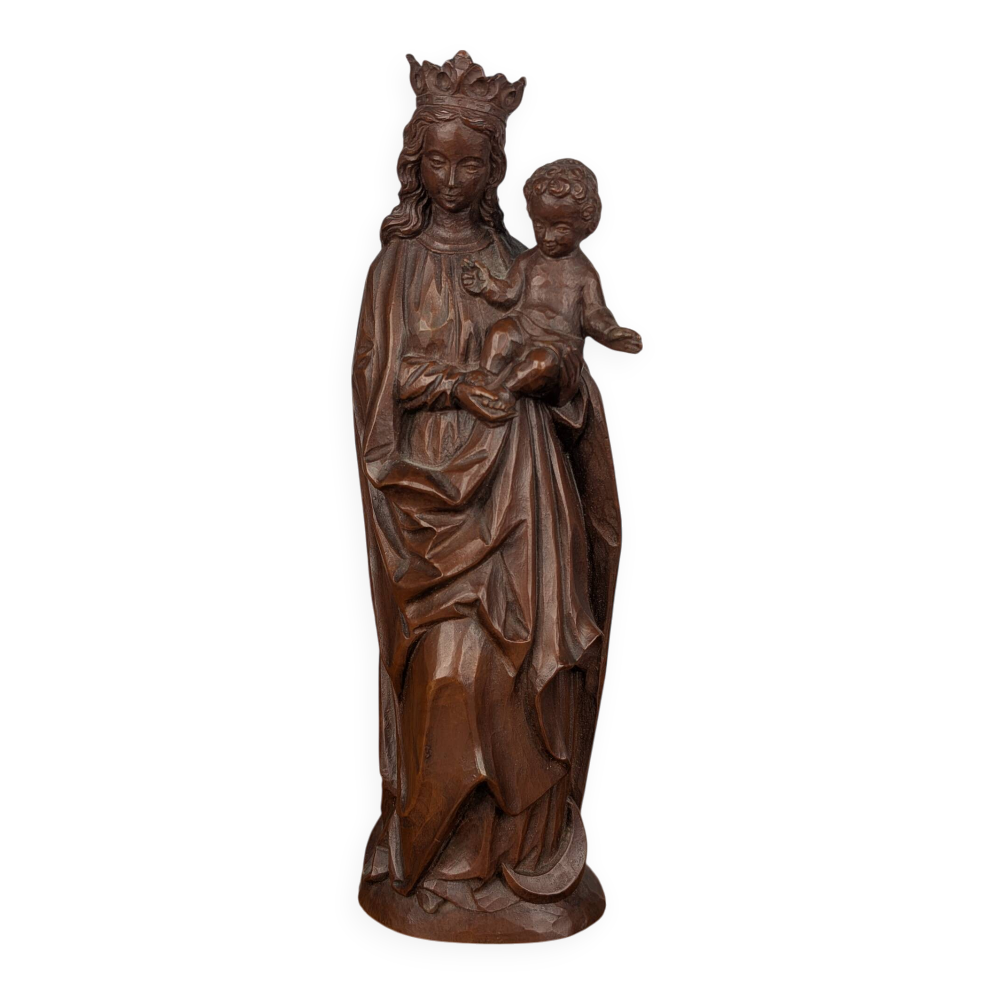 Virgin and Child in resin imitation patinated wood, Neo-Gothic style