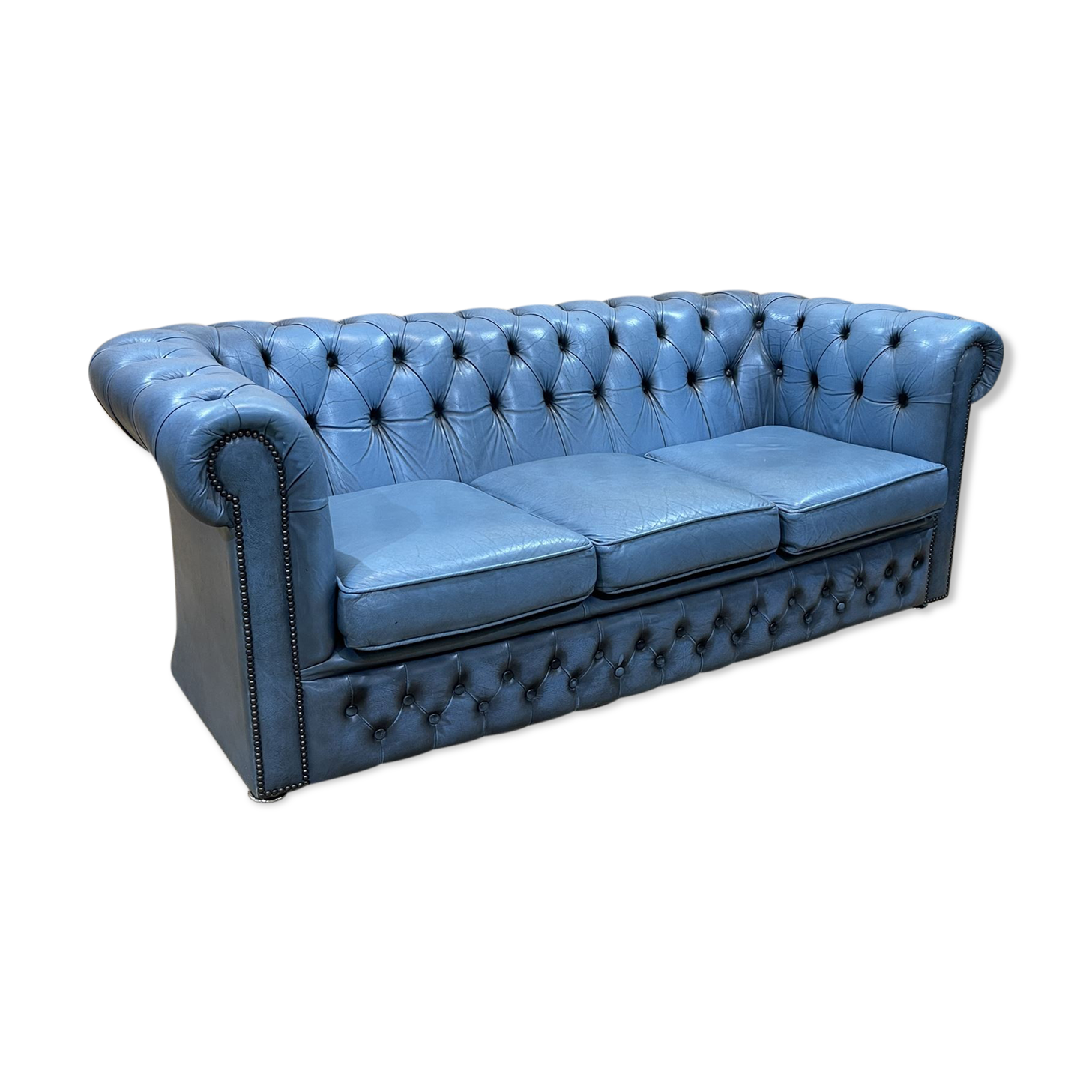 English Chesterfield 3-seater sofa in blue leather from the 1980s