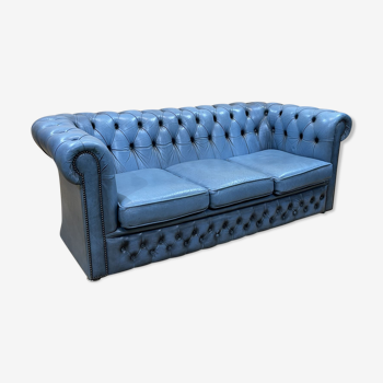 Canapé Chesterfield anglais 3 places en cuir bleu des années 1980