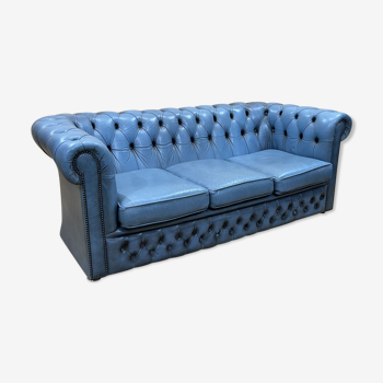 English Chesterfield 3-seater sofa in blue leather from the 1980s