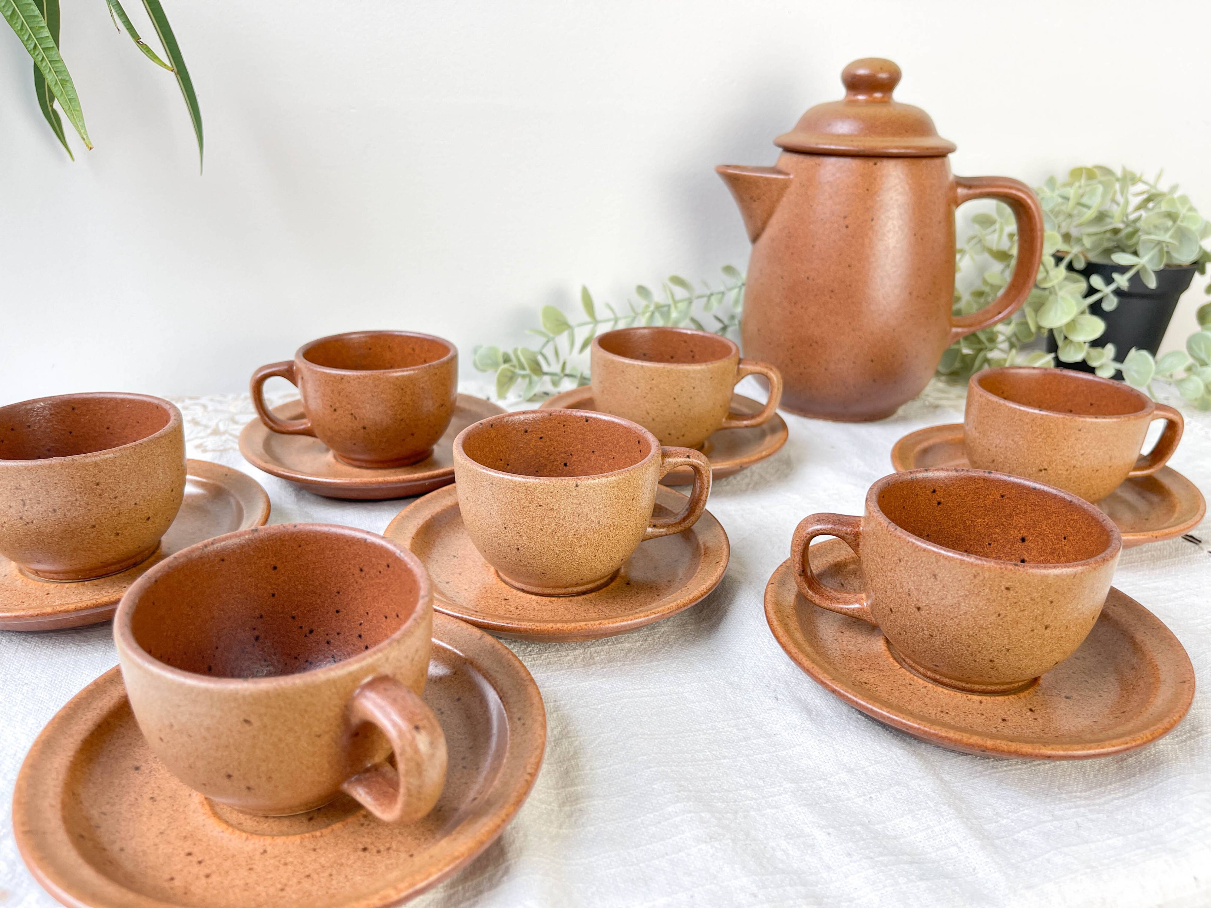 Vintage speckled stoneware coffee set Sarreguemines France from the 1950s