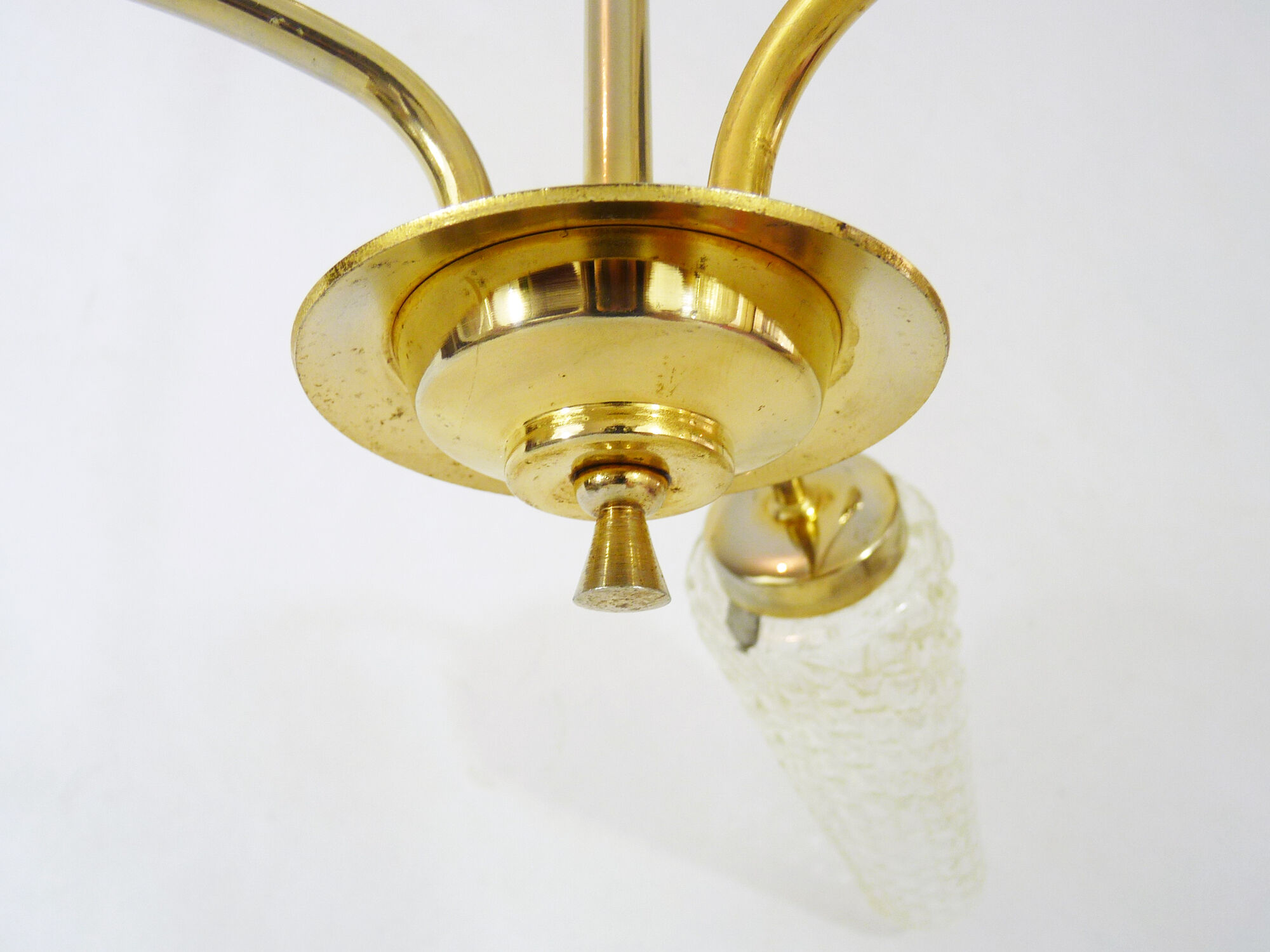 Old 3-branched chandelier, brass and chiseled glass tubes, 60s