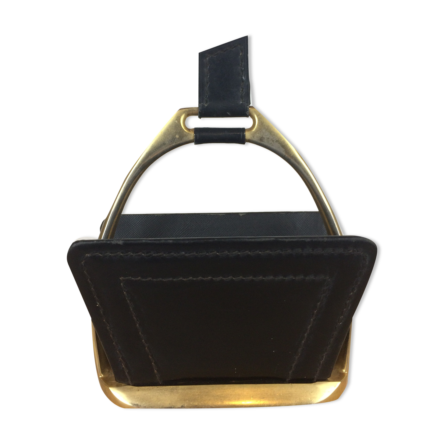 Longchamp letter holder in black leather and gold metal, 50s