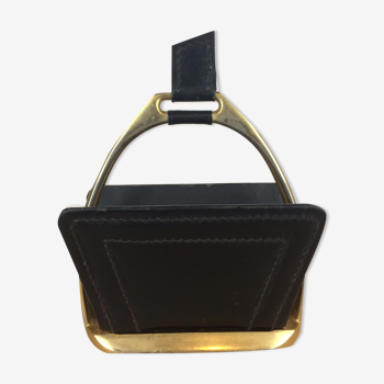 Longchamp letter holder in black leather and gold metal, 50s