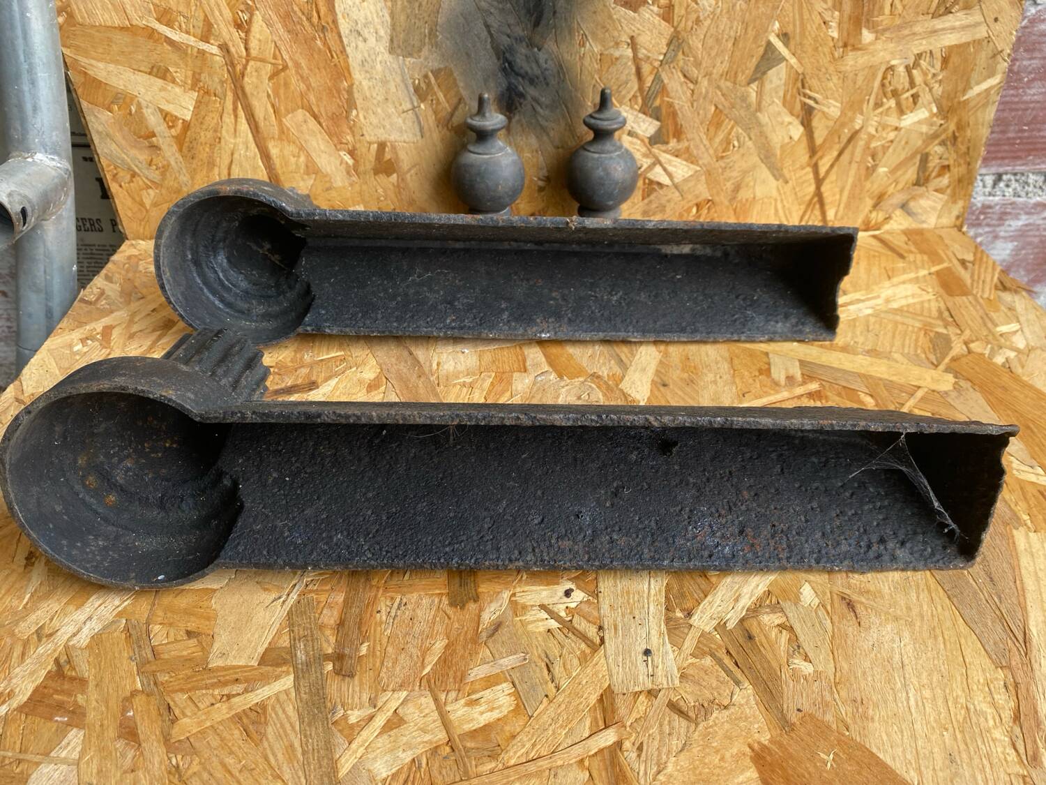 Pair of Napoleon 3 neoclassical cast iron fireplace andirons + brass ball