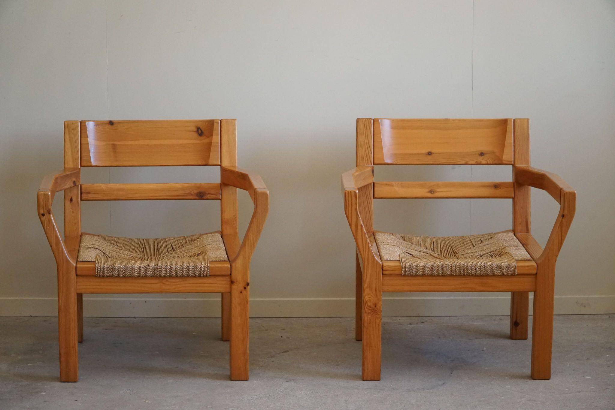 Tage Poulsen, a pair of brutalist chairs in pine and cord, Danish modern style, 1970s.
