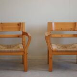 Tage Poulsen, a pair of brutalist chairs in pine and cord, Danish modern style, 1970s.