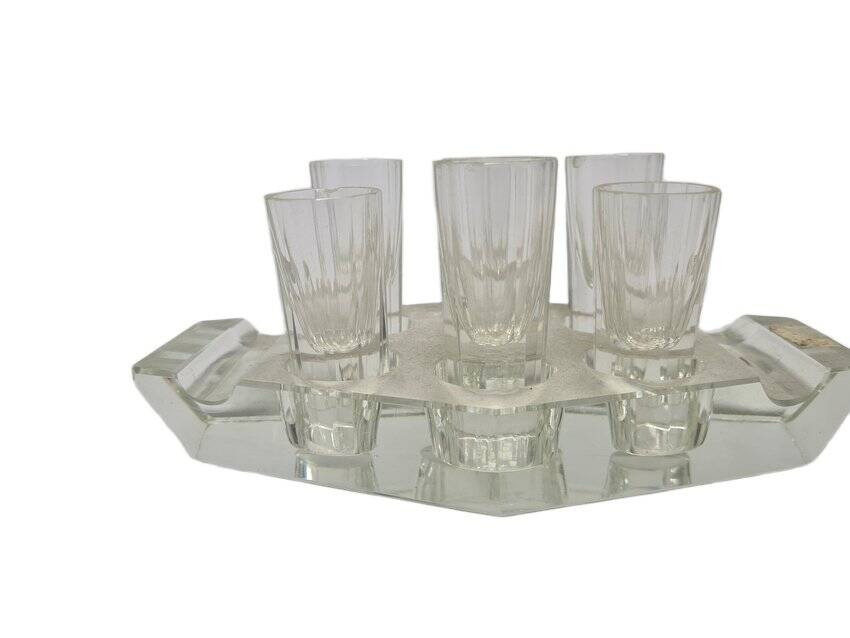 Art Deco vodka shot glasses from Hortensja Glassworks, Poland, 1950s, set of 7