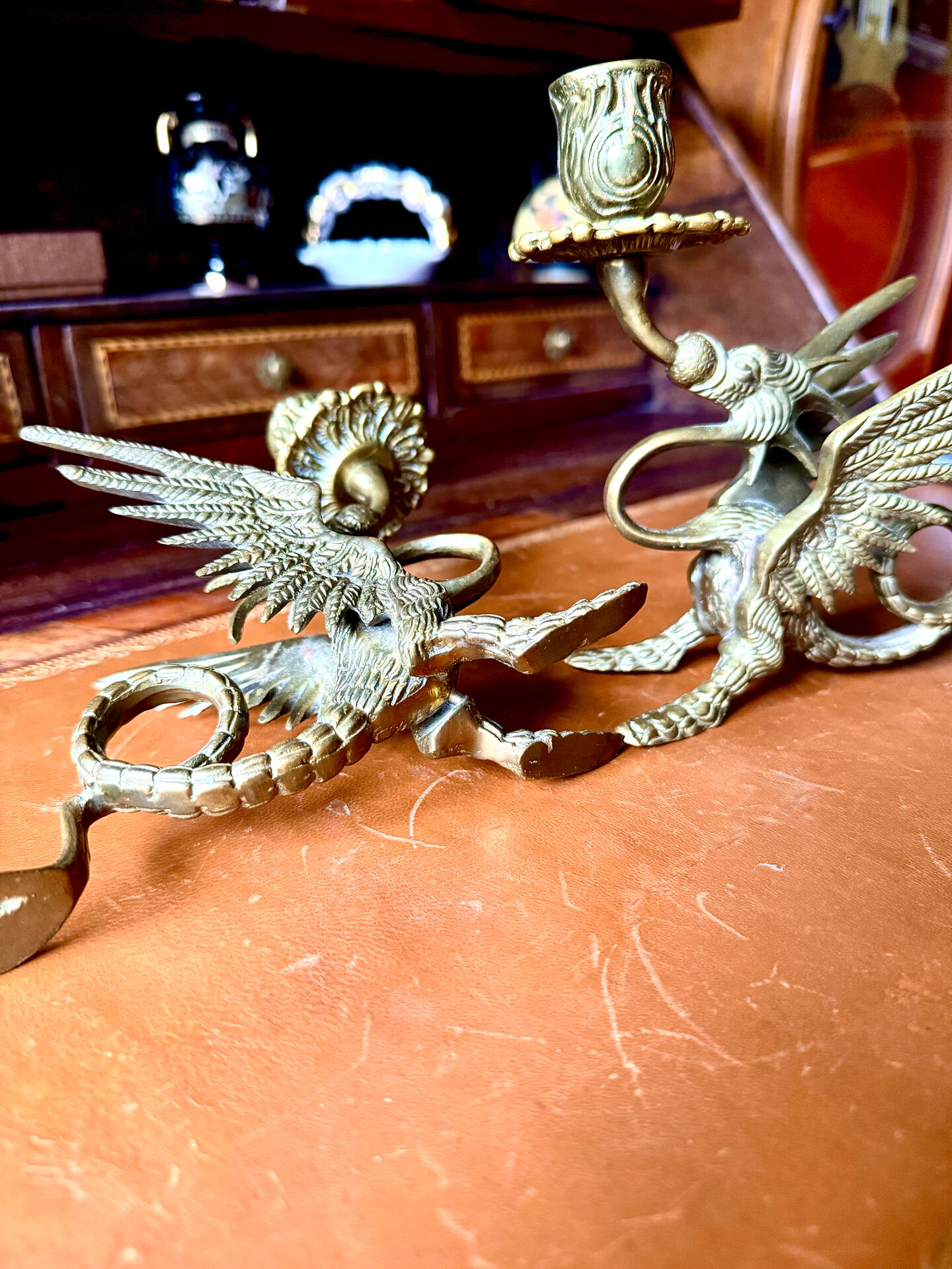 Pair of winged dragon bronze candlesticks Napoleon III 19th century