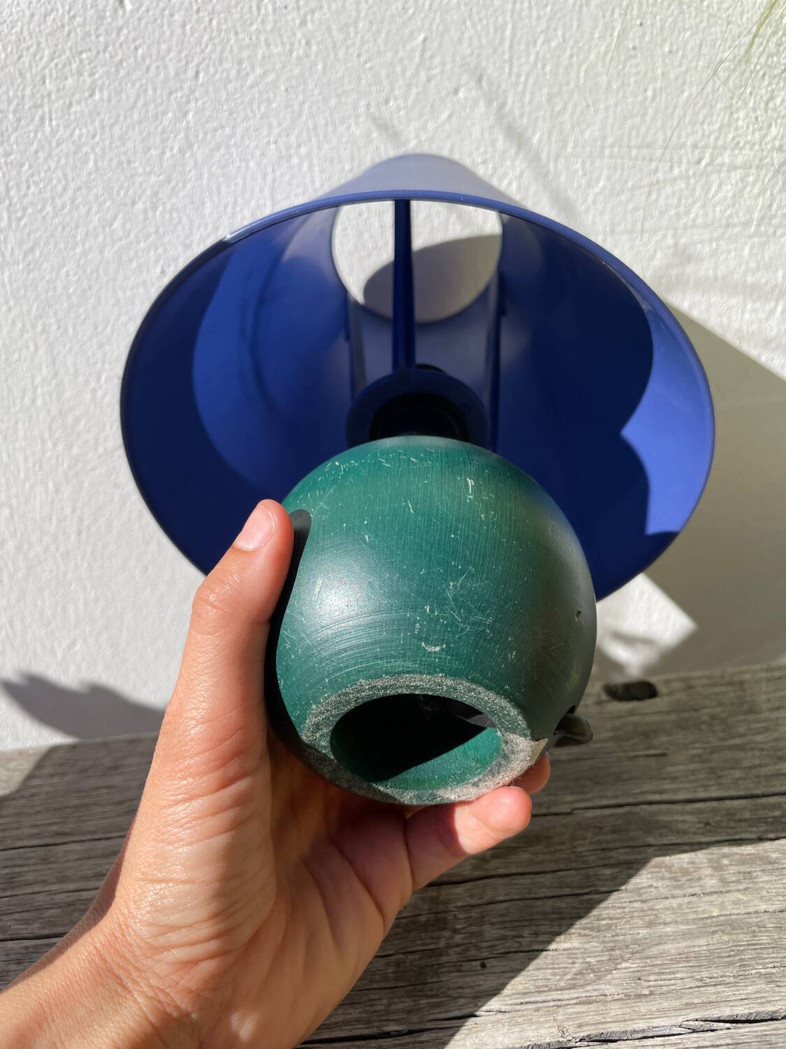 Pair of green and blue wooden ball lamps