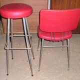 Set of 60s bar seats in chrome metal and red leatherette