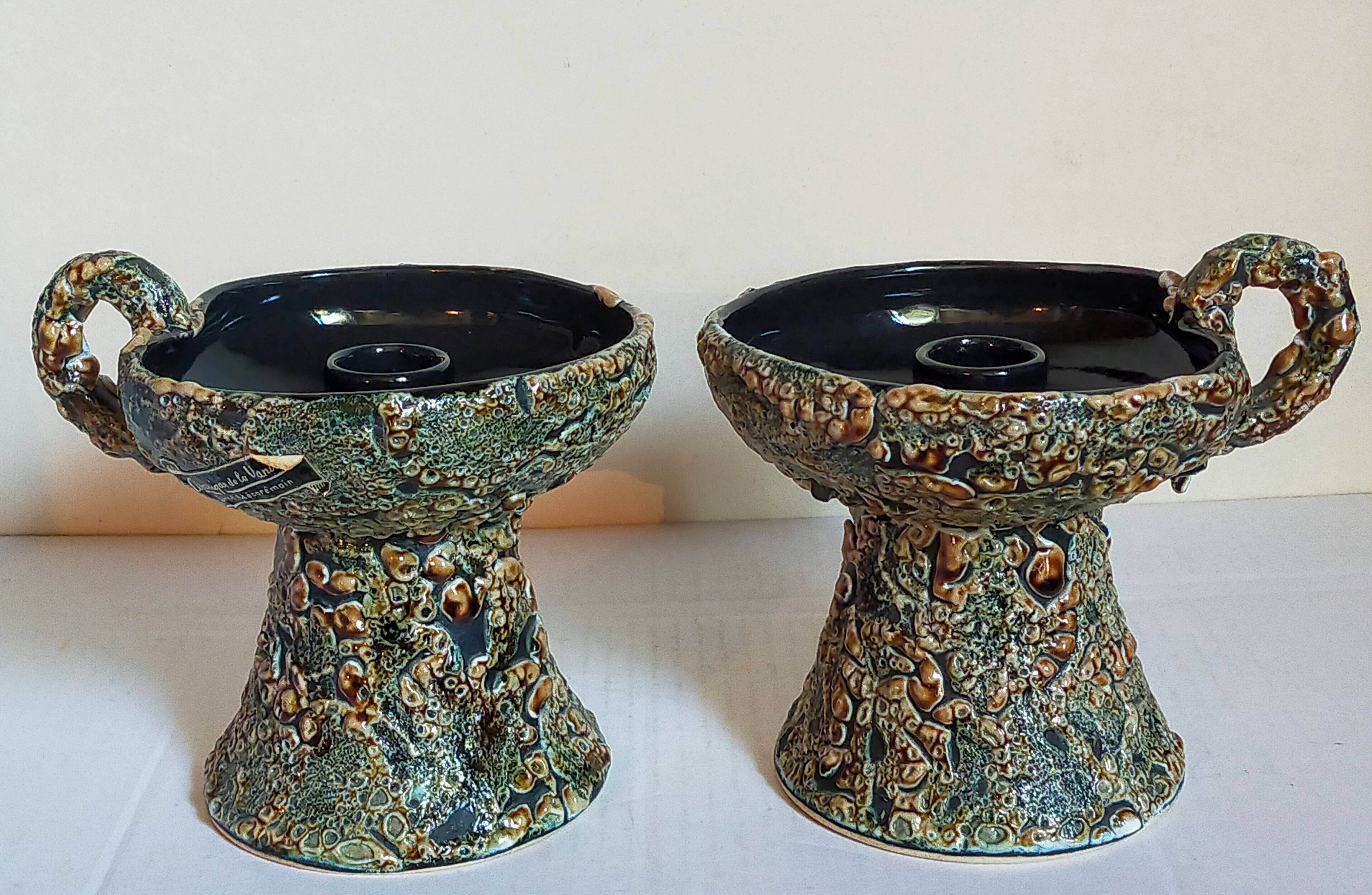 Pair of vintage Vanoise honey foam ceramic candlesticks