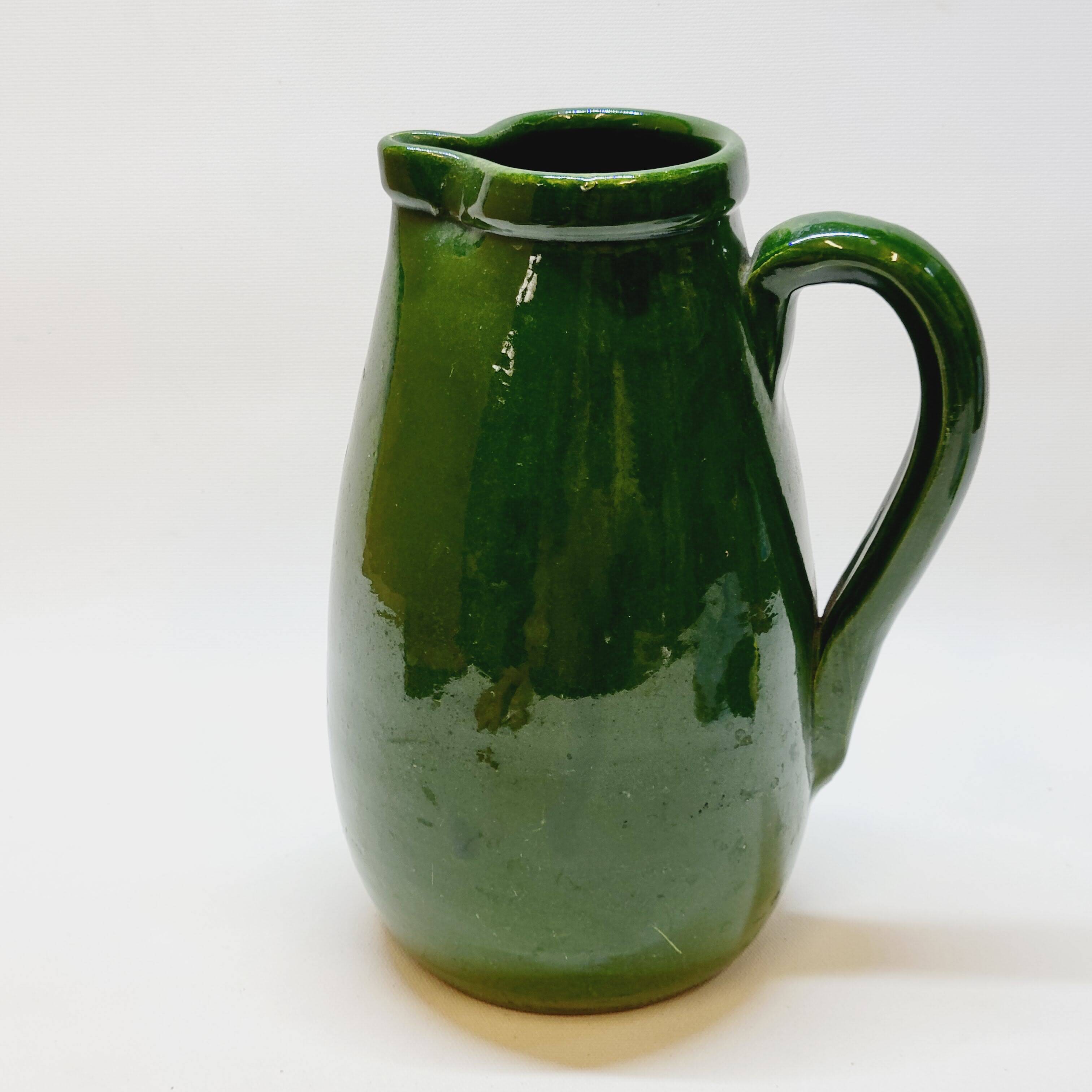 Pottery pitcher carafe terracotta green glazed ceramic
