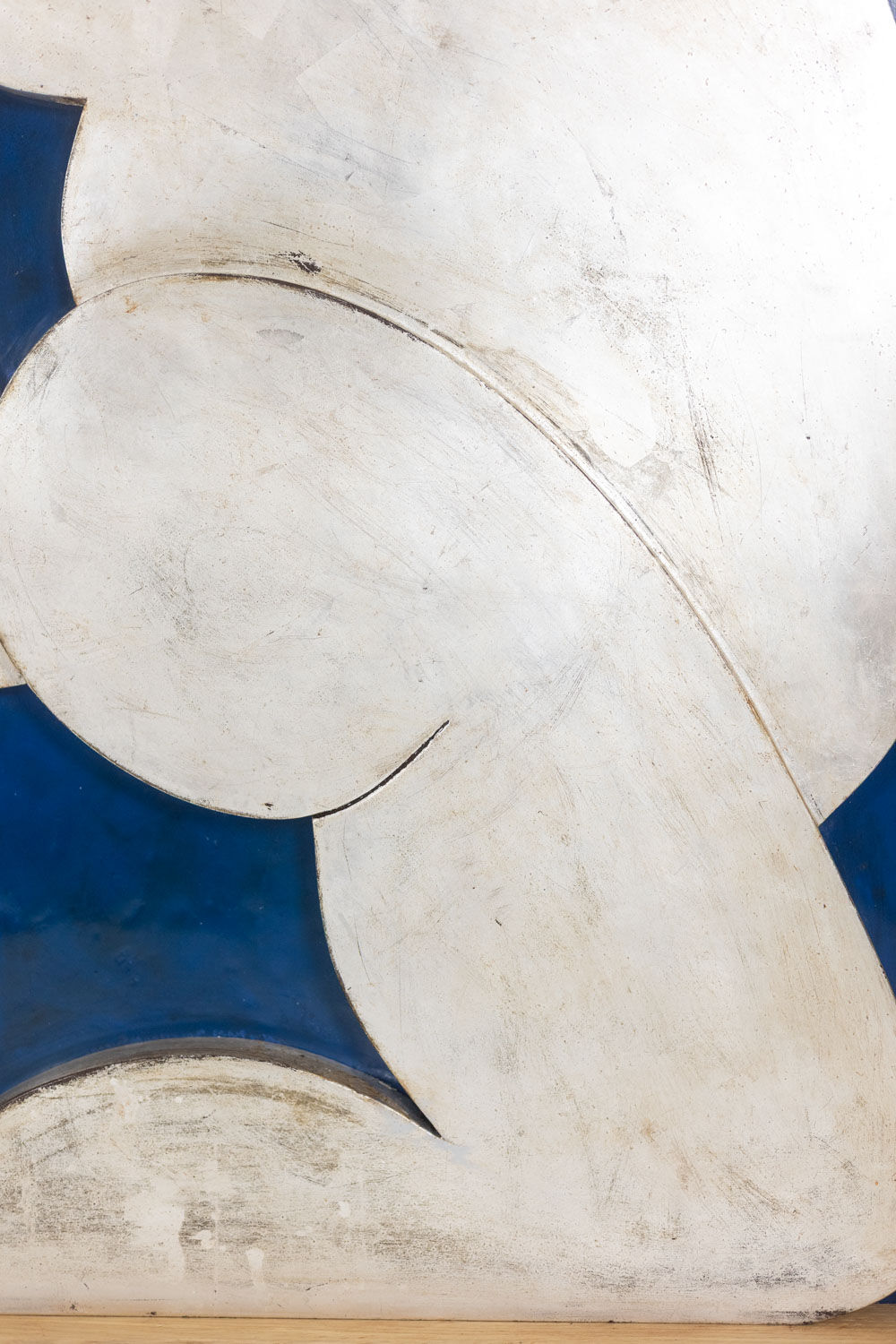 Relief panel "The Acrobat" in silver on a blue background. Contemporary.