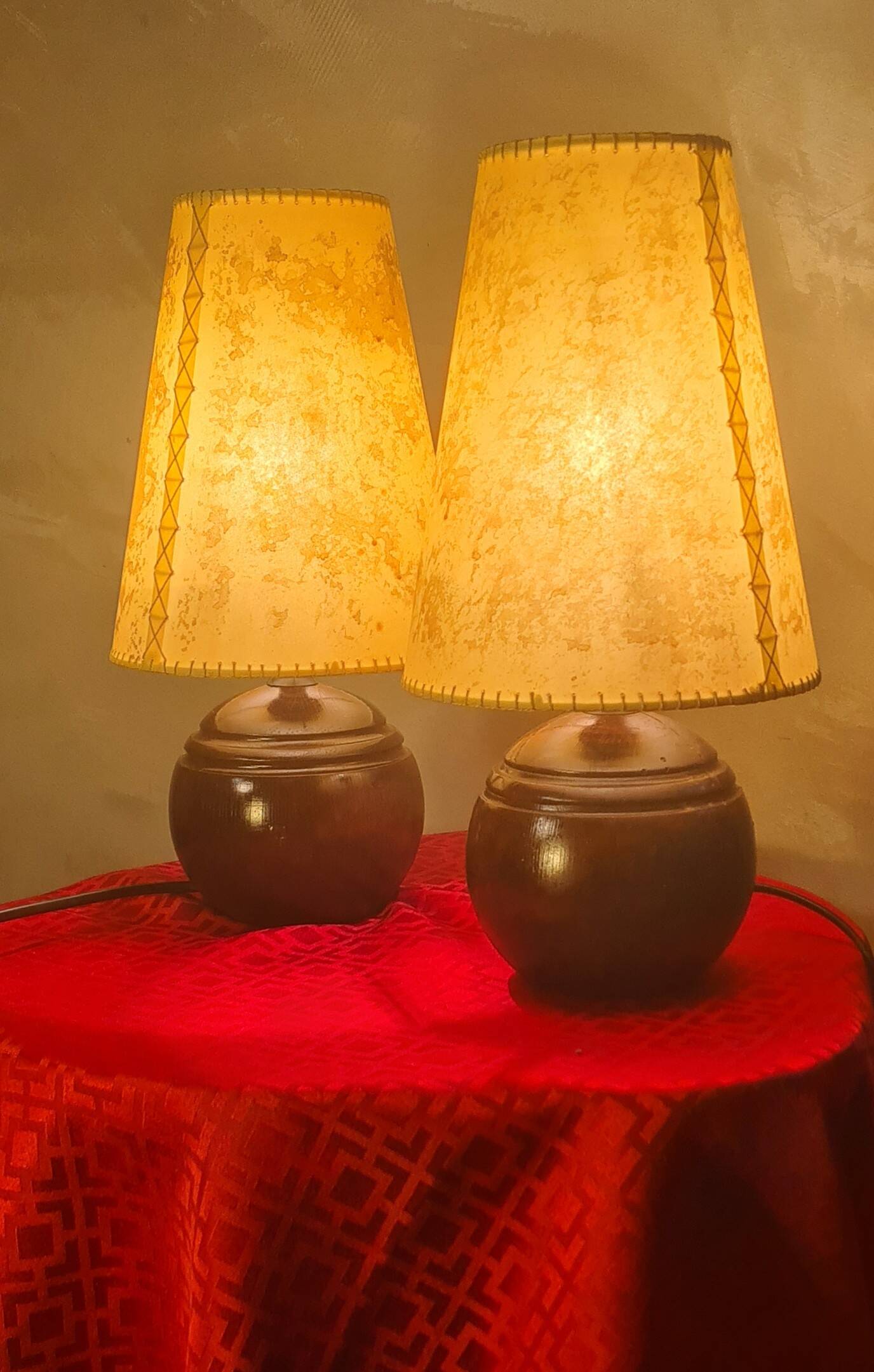 Pair of wooden ball lamps 1960 parchment lampshades electric redone 33x17