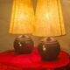 Pair of wooden ball lamps 1960 parchment lampshades electric redone 33x17