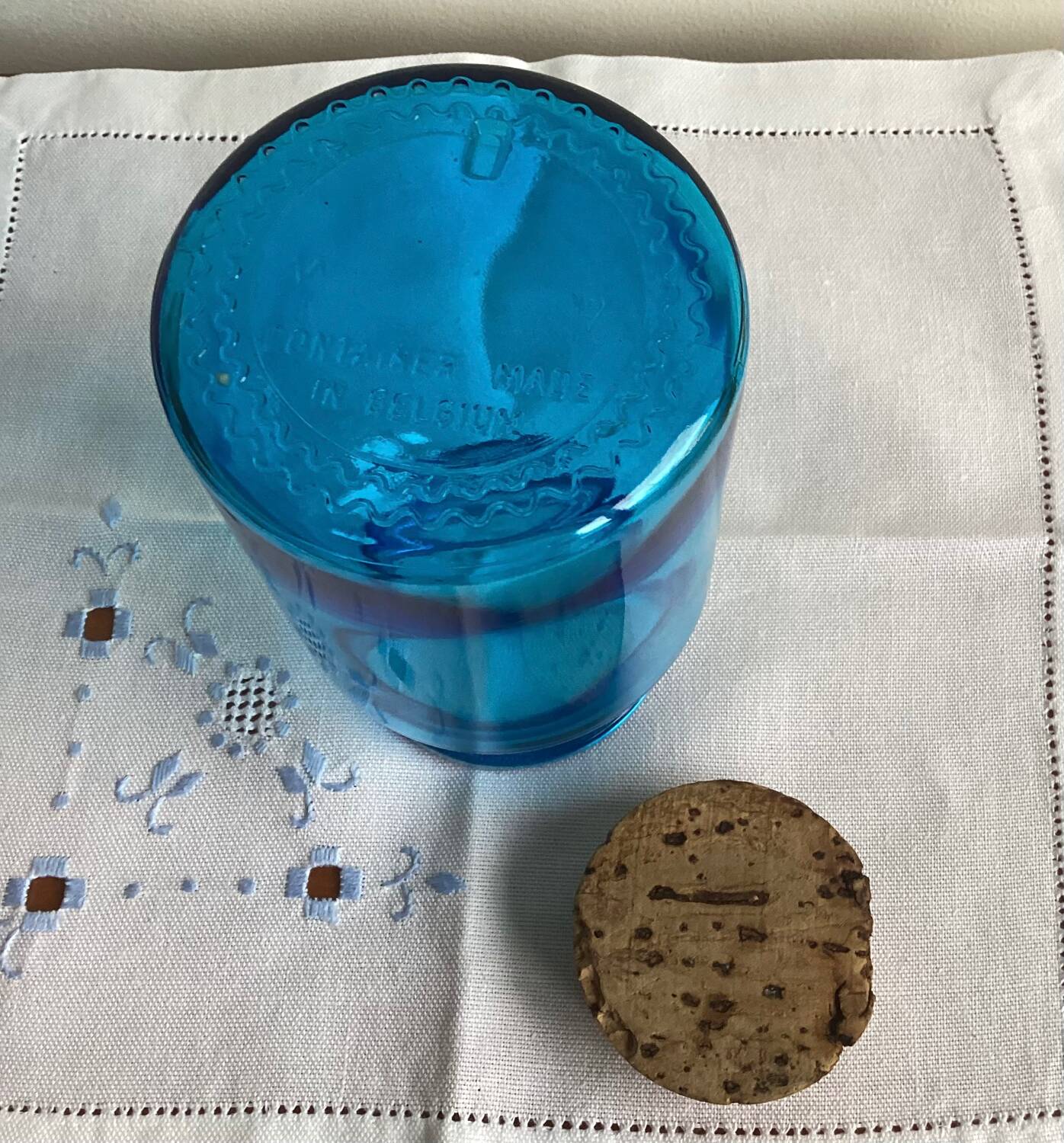 Blue glass jar with Henkel cork stopper - vintage