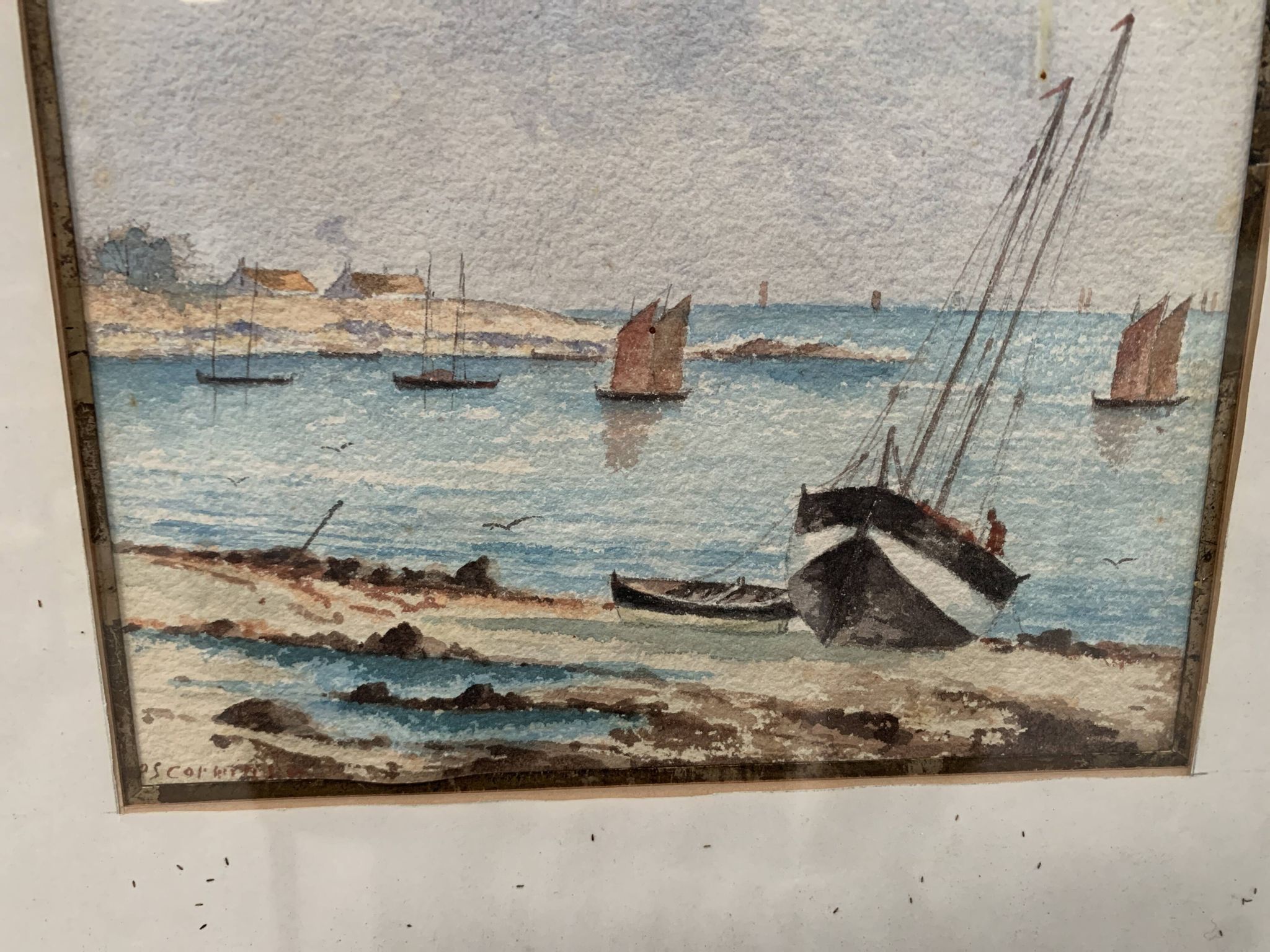 Marine watercolor "Sailboat at sea and stranded on the beach" 20th century