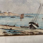 Marine watercolor "Sailboat at sea and stranded on the beach" 20th century