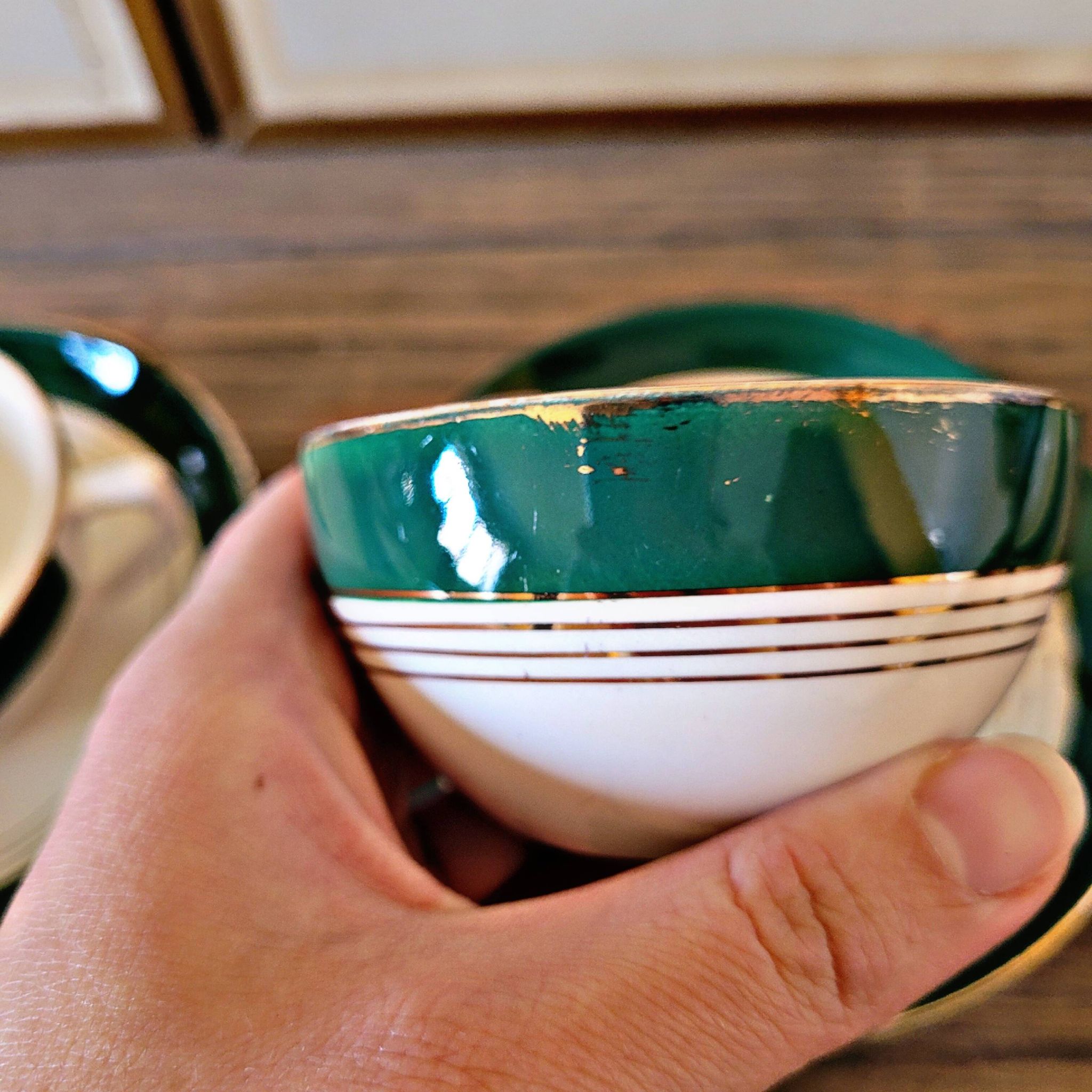6 Digoin Sarreguemines green cups with gold trim (with saucers)