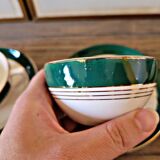 6 Digoin Sarreguemines green cups with gold trim (with saucers)