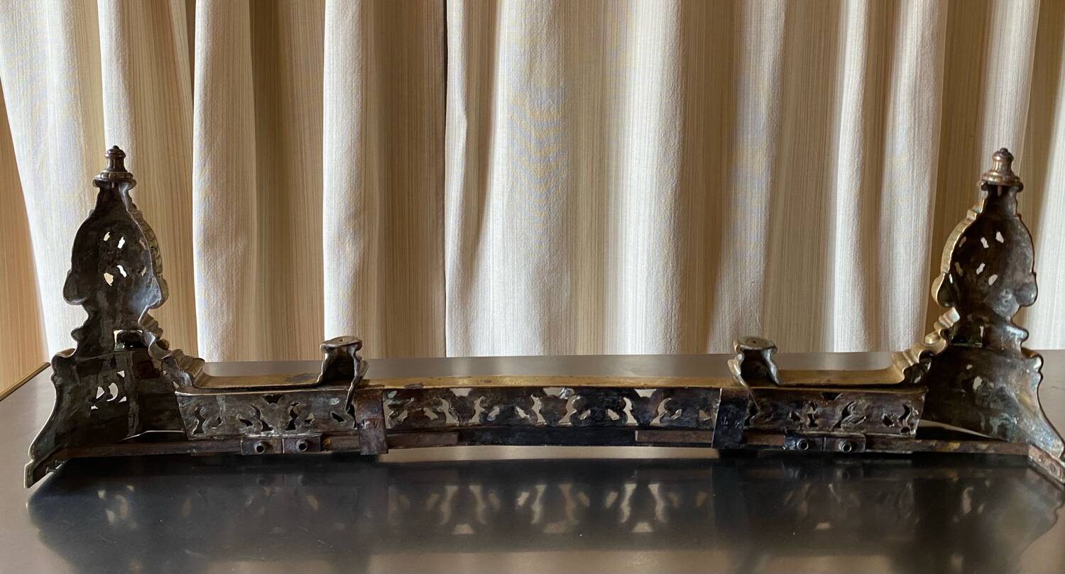 3 gilded bronze fireplace accessories 2 andirons and 1 fire bar