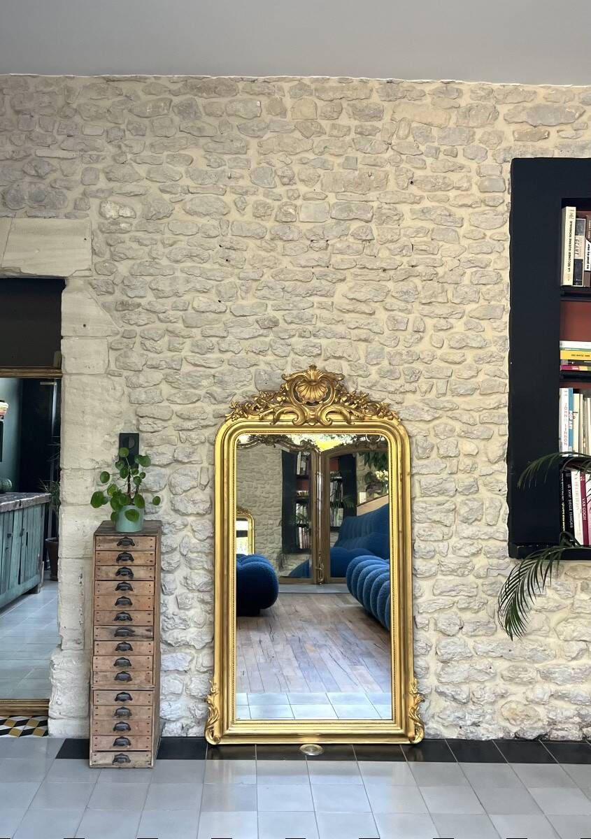 Antique Louis-Philippe mirror with a pediment, 160/93cm, gilded with gold leaf, mercury glass.