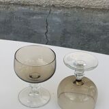 6 champagne glasses in brown and transparent glass vintage 1970