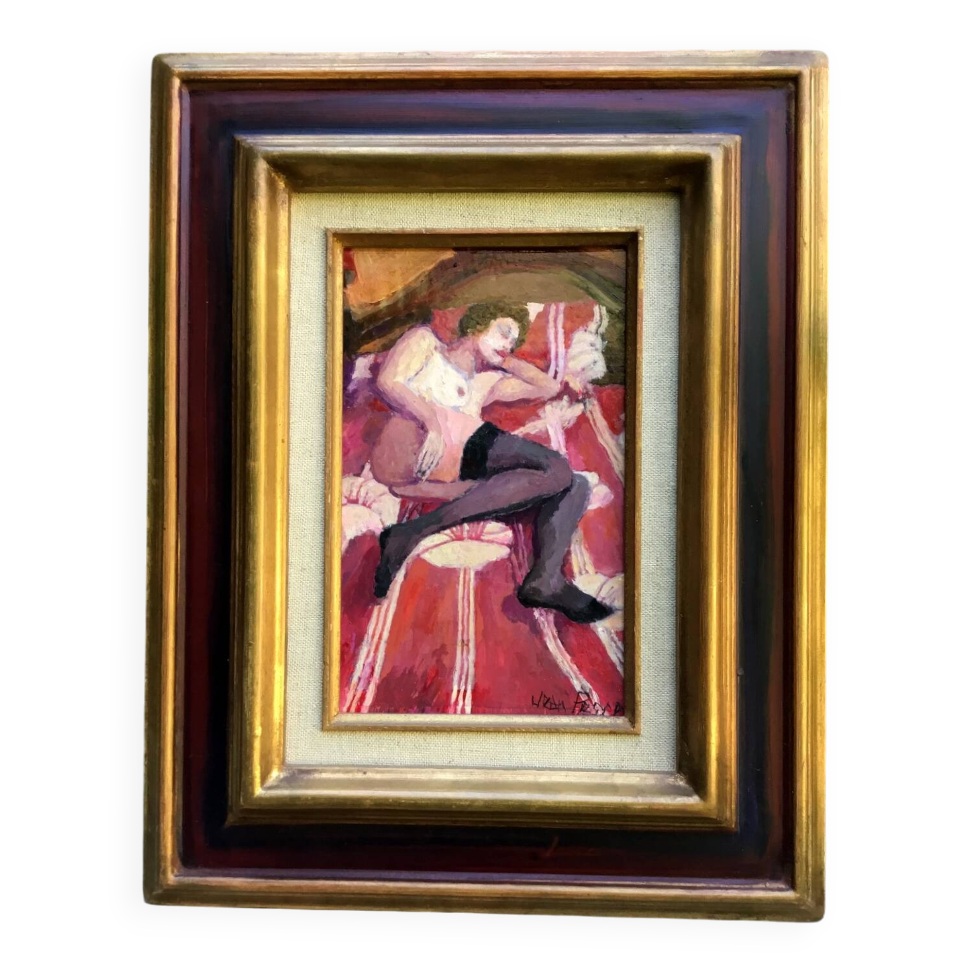 Jean Pesce. Nude with flowered sheets. Oil panel signed and framed