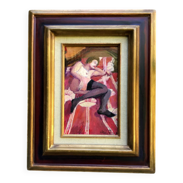 Jean Pesce. Nude with flowered sheets. Oil panel signed and framed