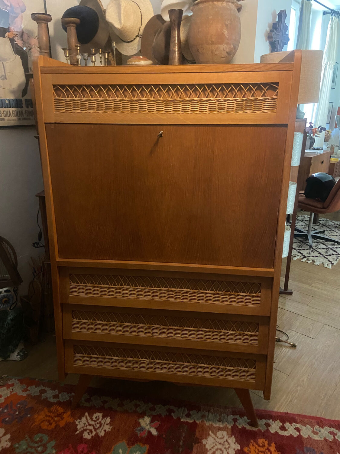 Vintage wooden and rattan secretary