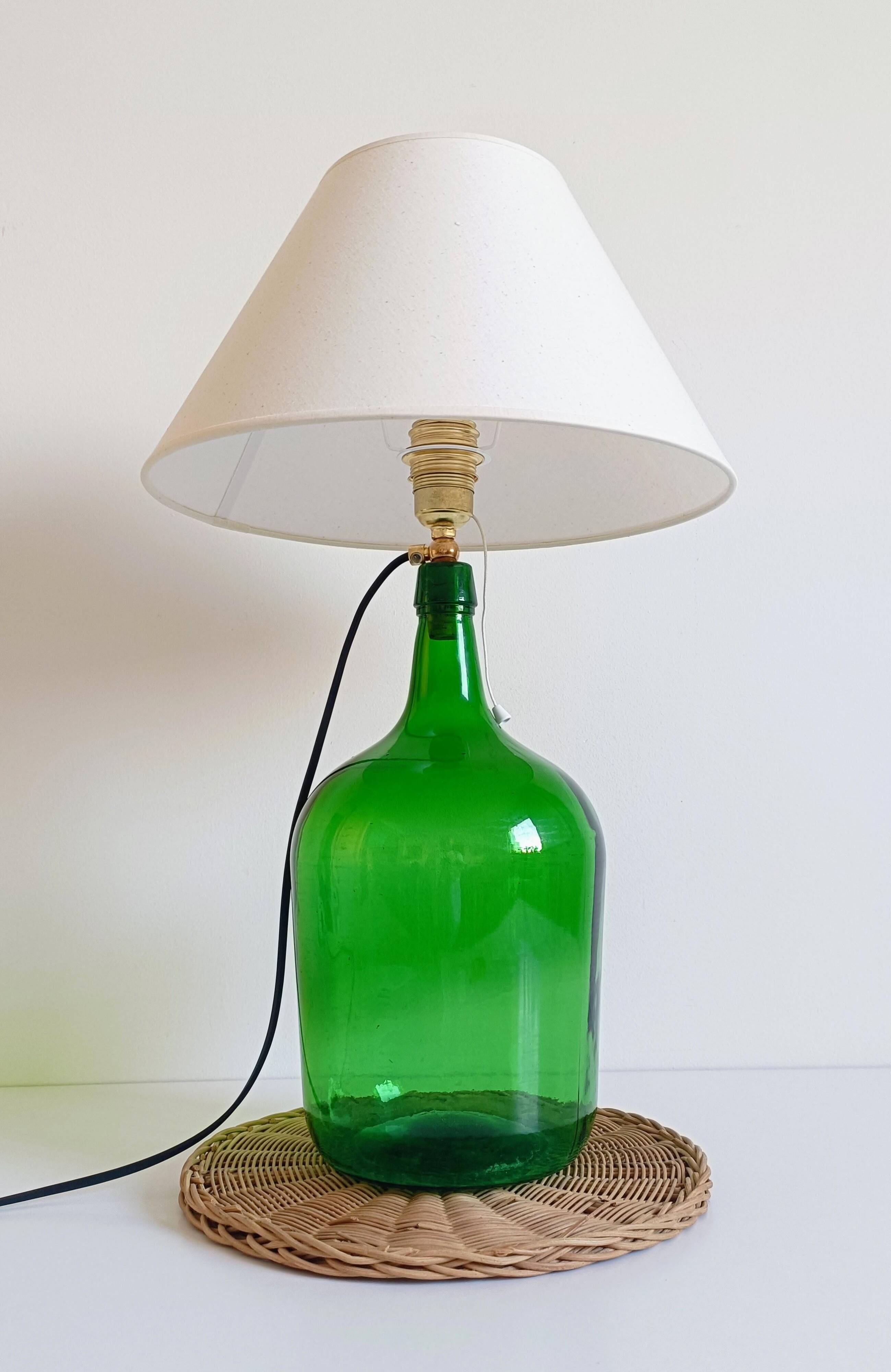 Mid-Century Green Glass Demijohn Table Lamp, Brass Fittings, Contemporary Shade