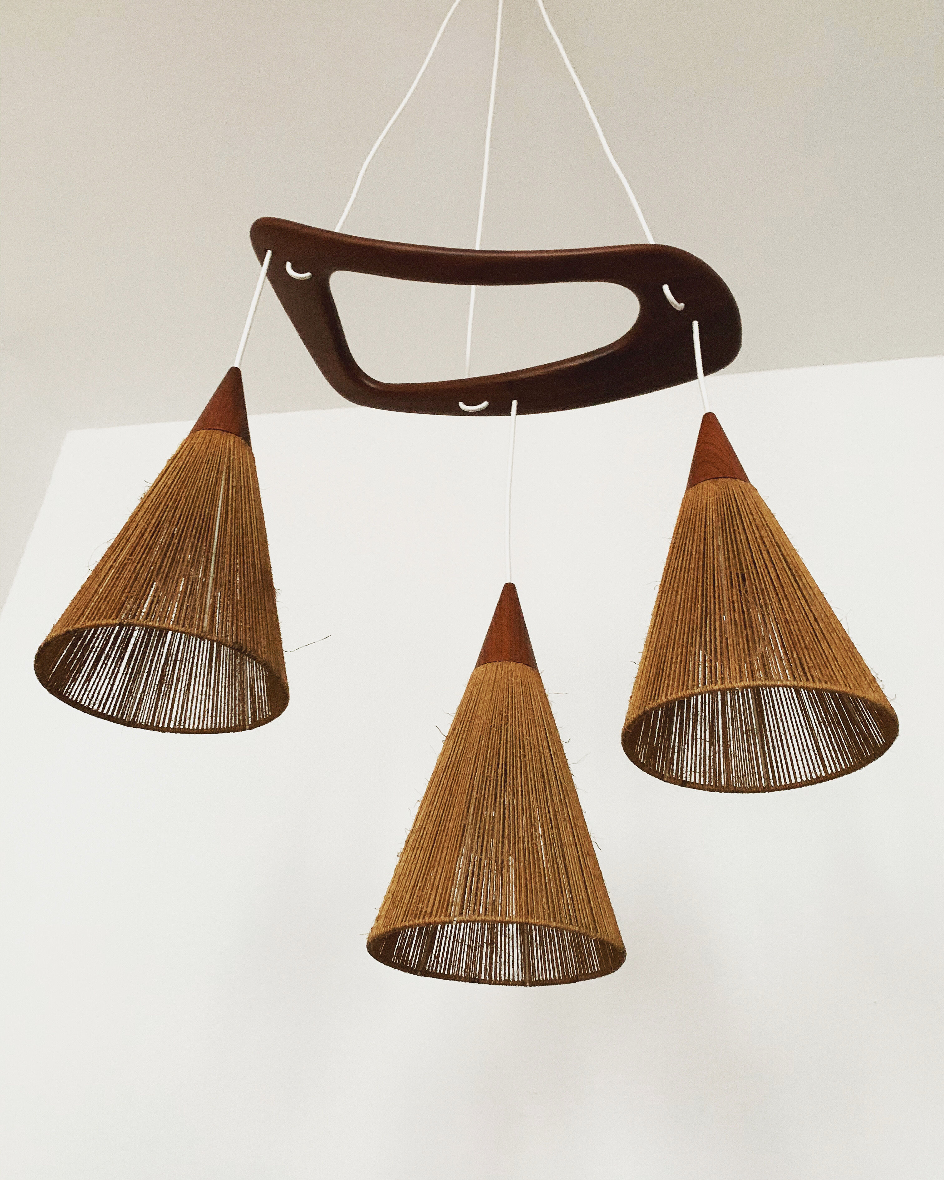 Teakwood and raffia bast cascading lamp by Rispal