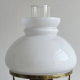 Vintage brass lamp with white opaline glass shade.