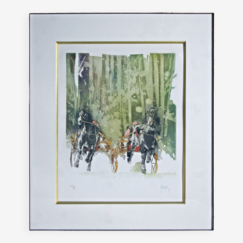 Lithograph by Yan Kerfily framed in elm burl. subject horse racing trot harnessed 2 sulky.