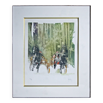 Lithograph by Yan Kerfily framed in elm burl. Subject: horse racing, harnessed trotting, 2 sulkies.