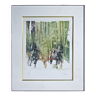 Lithograph by Yan Kerfily framed in elm burl. subject horse racing trot harnessed 2 sulky.